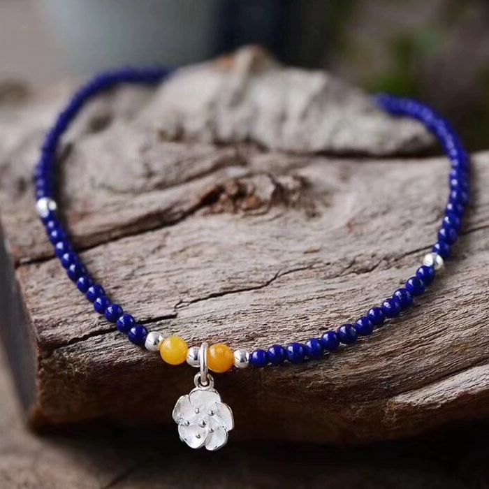 Ngọc lục bảo tự nhiên lapis lazuli vòng chân lapis lazuli với 925 bạc bốn mùa vòng chân mận có thể được làm thành vòng đeo tay lapis lazuli - Vòng chân