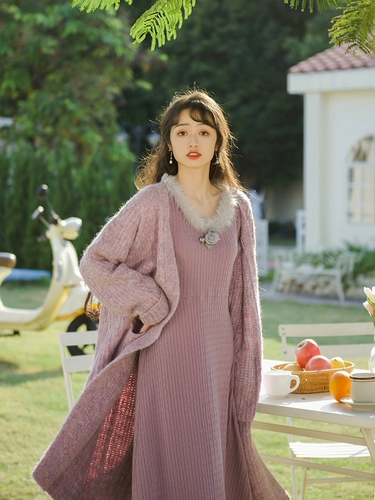 南风谷 Ретро шерстяной сиреневый свитер, длинное трикотажное платье, французский ретро стиль