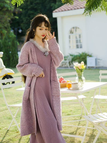 南风谷 Ретро шерстяной сиреневый свитер, длинное трикотажное платье, французский ретро стиль
