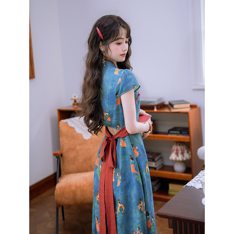 Nanfeng Valley [Changgongci] Retro Tang-Style Lady's New Chinese-Style Improved Cheongsam with Shimmering Brocade and Large Hem Dress for Women