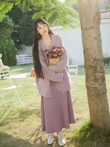 南风谷 Ретро шерстяной сиреневый свитер, длинное трикотажное платье, французский ретро стиль