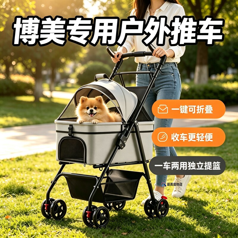 Pomeranian-Specific Dog Stroller, One-Touch Foldable, Lightweight Pet Stroller for Small Dogs, Easy to Carry When Going Out
