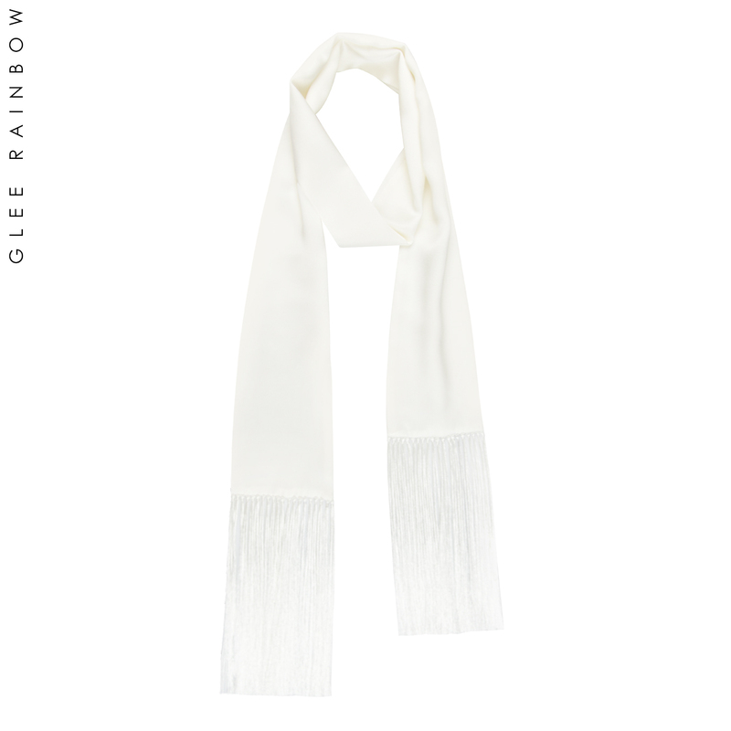Glee Rainbow Spring and Summer White Heavy Sand-Washed Silk Scarf Paired with a Suit and Tassel Silk Scarf