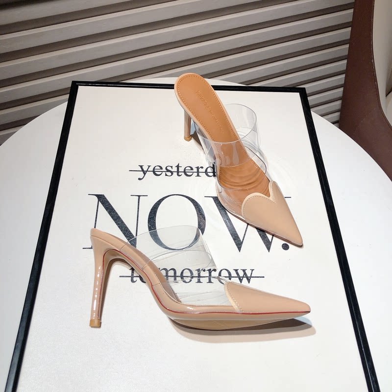 New sexy high-heeled transparent patchwork women's patent leather heart-shaped pointed toe stiletto closed-toe sandals