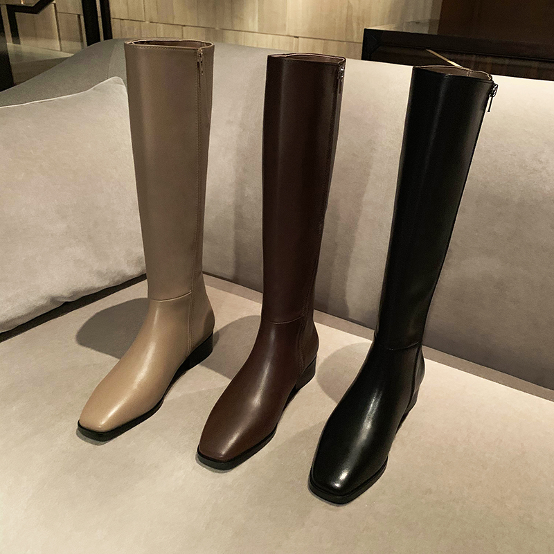 Jukemon square head high cylinder boot leather boots mesh red horse boot Boots Boots women's Korean version of the new Long Boots Rider Boots-Taobao