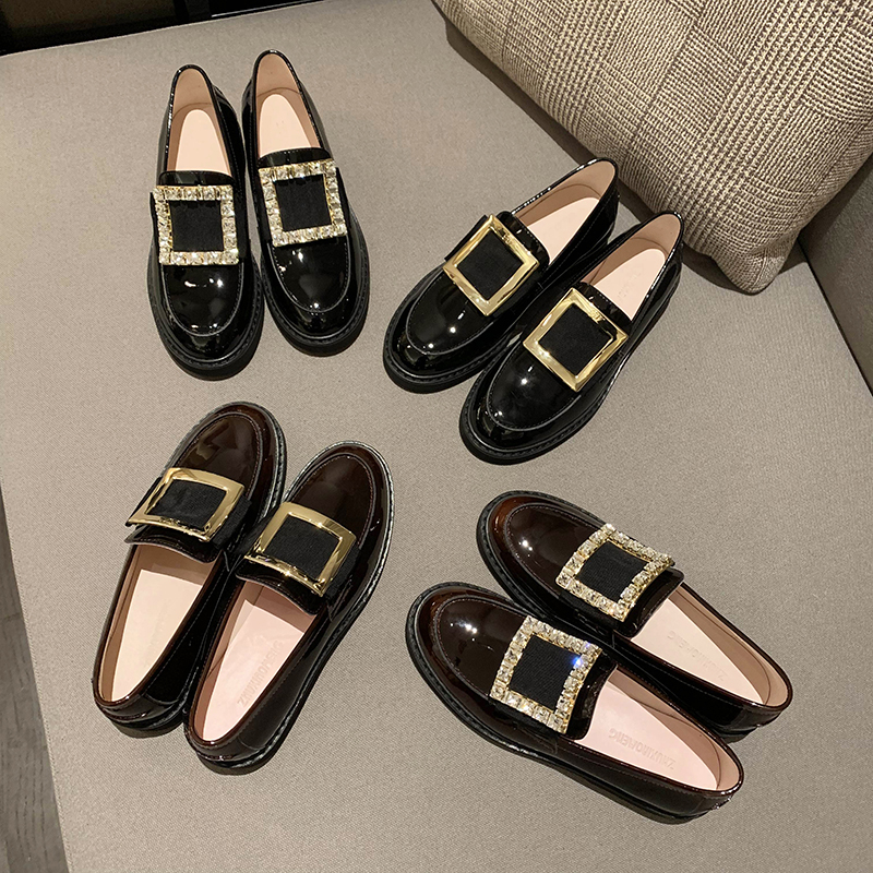 Zhu Xiaomeng square buckle rhinestone shoes patent leather shoes women's spring new shoes English style thick-soled loafers