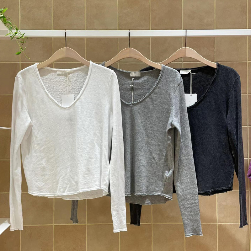 American Vintage Pure Cotton Long-Sleeved T-Shirt for Women, Sonoma Series, Distressed Short V-Neck Top Am Ye