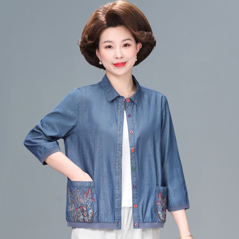 Mother's Day Summer Clothes for the Elderly, Women's Shirts, Pure Cotton Denim Grandma Clothes, Middle-Aged and Elderly Mother's Clothes, Three-Quarter Sleeve Shirts Mother's Day Summer Clothes for the Elderly, Women's Shirts, Pure Cotton Denim Grandma Clothes, Middle-Aged and Elderly Mother's Clothes, Three-Quarter Sleeve Shirts