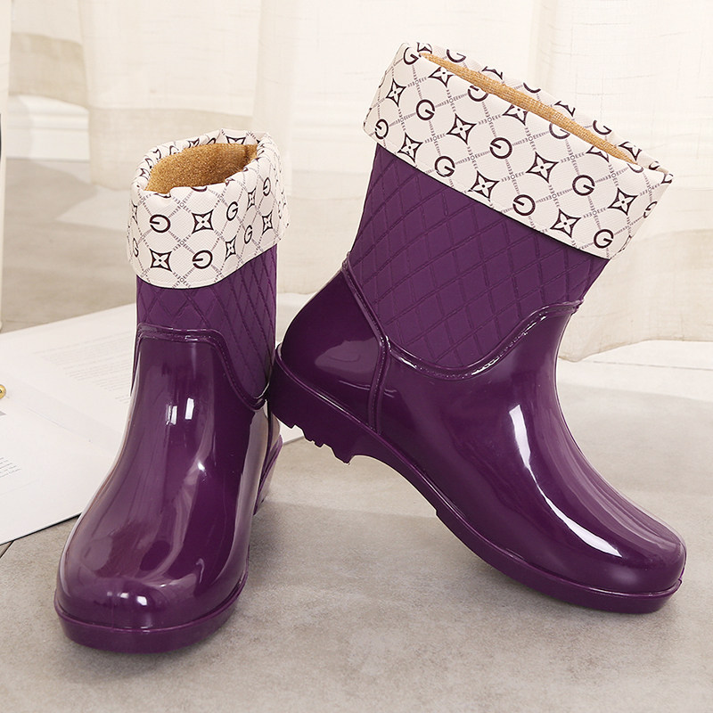 Short tube lightweight adult waterproof shoes rain boots rain boots female winter plus velvet cotton liner two wear laundry household rubber shoes water boots