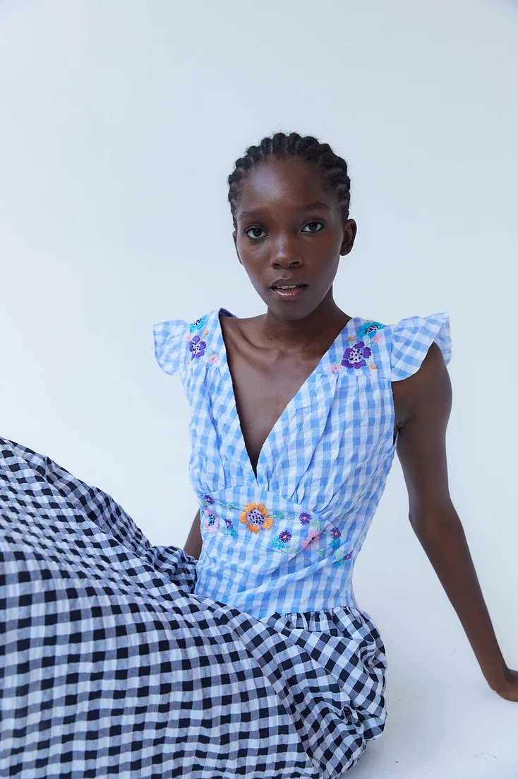 Lu Meng Tongan TACH official web authorization plaid splicing printed long skirt Broken Flower Embroidered Dress