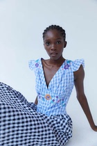 Lu Meng Tongan TACH official web authorization plaid splicing printed long dress Broken Flower Embroidered Dress