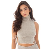 American Soft Elastic Rostrie Knit High Neckline Hooded Side Hollowed-out Strap No Sleeve Vest