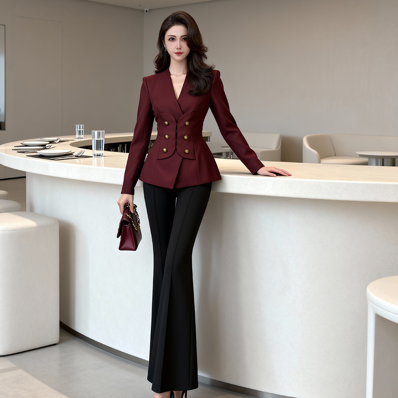 Burgundy Waist-Cinching Blazer for Women 2025 New Design Professional Style Slimming Suit Jacket 35380