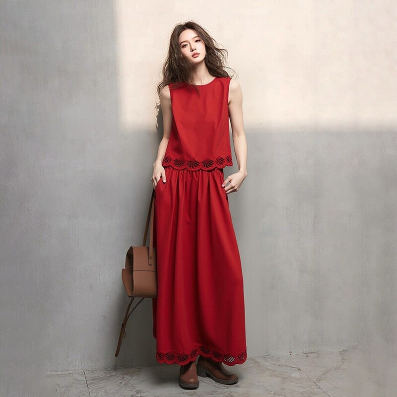 Jieya Clothing Red Sleeveless Vest and Skirt Set for Women, Fashionable Casual Mature Style, Super Beautiful and Stunning Set Jieya Clothing Red Sleeveless Vest and Skirt Set for Women, Fashionable Casual Mature Style, Super Beautiful and Stunning Set