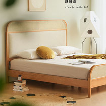 Japanese retro rattan bed cherry wood solid wood furniture small apartment 1 5 meters 1 8 master bedroom double bed wedding bed soft package