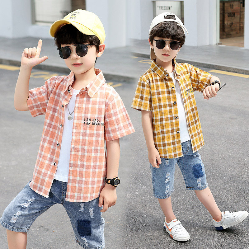 Boys' short-sleeved plaid shirt summer clothes big boys summer new shirts children's middle-aged children's western-style casual tops trendy