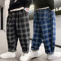 Boy Plaid jeans hip hop 2021 Spring and Autumn new children in big children loose casual long pants tide cool