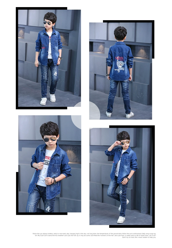 Áo sơ mi denim trẻ em 2018 new boy áo dài tay cotton bé trai 12 xuân hè cộng với áo khoác nhung 15 tuổi sơ mi dáng váy bé gái 