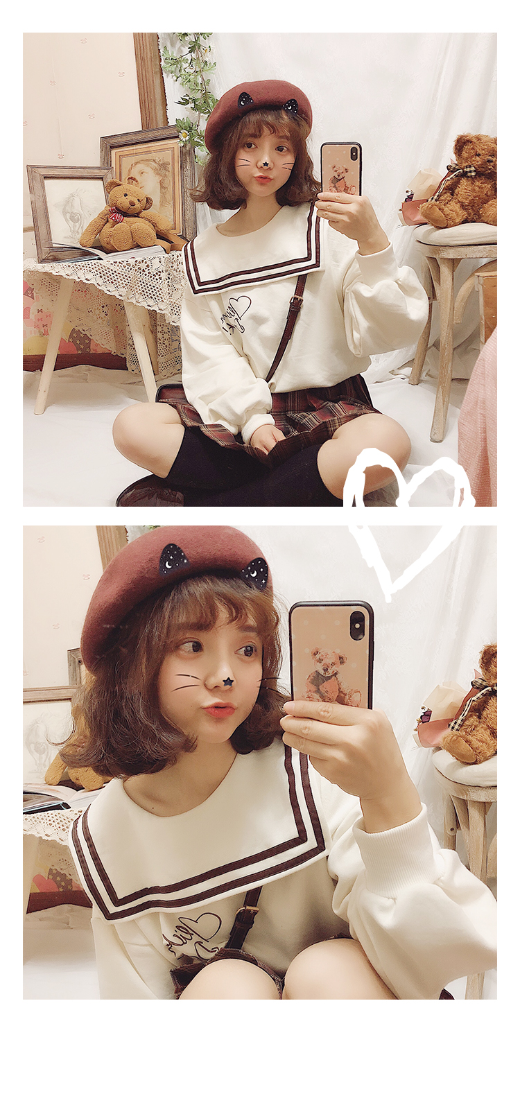 [Benzen đôi] tùy chỉnh cô gái Hàn Quốc lão hóa huy hiệu cổ áo hải quân cộng với nhung mùa thu và áo len rộng áo khoác nữ trung niên