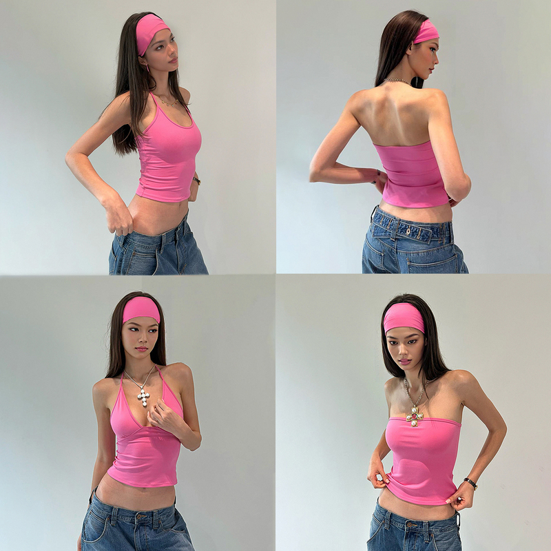 She Seek American Style Spicy Girl Barbie Pink Halter Tank Top Slim Fit Camisole Tube Top Women's Headband