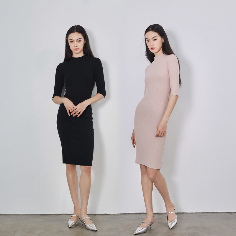 She Seek Pure Desire Half-High Collar Ribbed Knit Mid-Sleeve Dress Slim Fit Elegant Slimming Bodycon Midi Dress for Women