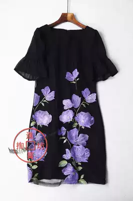 147C 0219 Exquisite Positioning Large Flower Mesh Straight Chiffon Patchwork Short Sleeve Black Dress