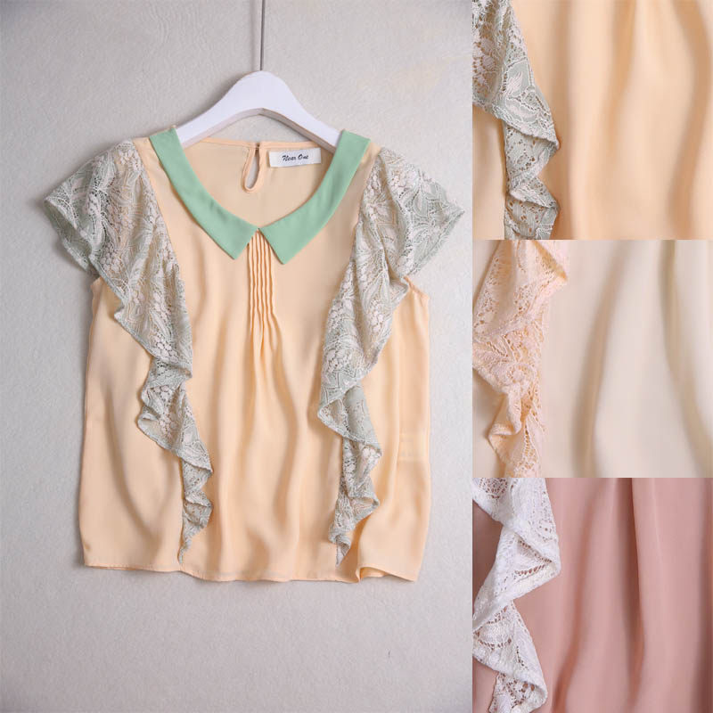 XT062C 0703 special age-reducing sweet doll collar ruffled lace stitching small flying sleeves pullover chiffon shirt