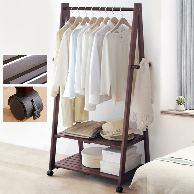 Clothes hanger floor-to-ceiling bedroom simple mobile Nordic style double-layer multi-functional folding home indoor solid wood coat rack