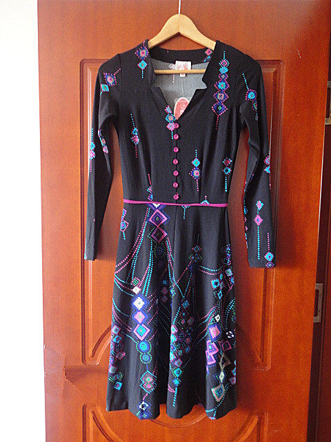 LEONA EDMISTON RUBY Black Purple Red Long Sleeve Tip Colored Rhomboid Printed Elastic one-piece Wrap Dress