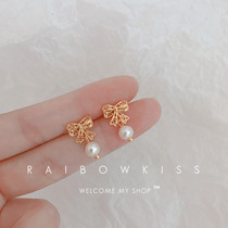 Super fairy 24k gold gold three-dimensional empty lace bow pearl earrings 925 sterling silver Korean earrings female