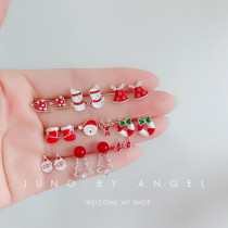 925 Sterling silver red dripping deer Santa Claus earnails festival in red asymmetric ear decorations lovely student girls