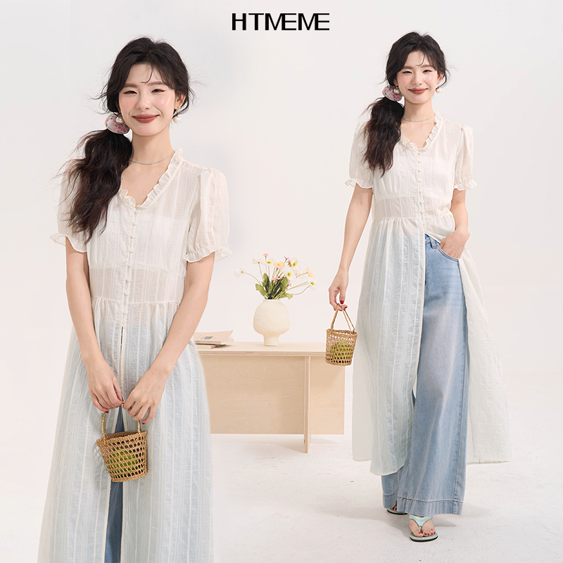 Flower Field Showcase Htmeme Hot Island Serenade~ Korean-Style Lace Short-Sleeve Dress for Women, Summer Layered Slit Long Dress