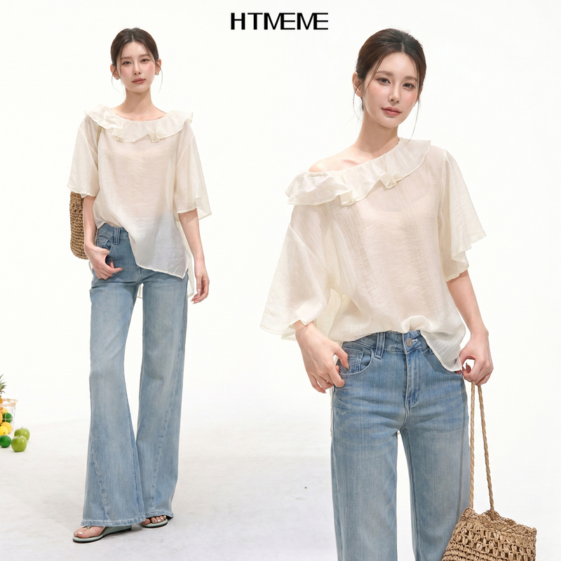 Flower Field Showcase Htmeme Midsummer Story - Ruffled Round Neck Short Sleeve Shirt for Women, Summer Casual Blouse Top Flower Field Showcase Htmeme Midsummer Story - Ruffled Round Neck Short Sleeve Shirt for Women, Summer Casual Blouse Top