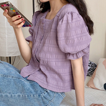 Flower field window court retro bubble sleeve shirt female summer new design sense Super fairy micro fold short top