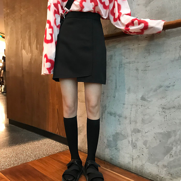 Flower field window black a-line skirt irregular Korean skirt High waist thin skirt hip skirt Short skirt Women's summer