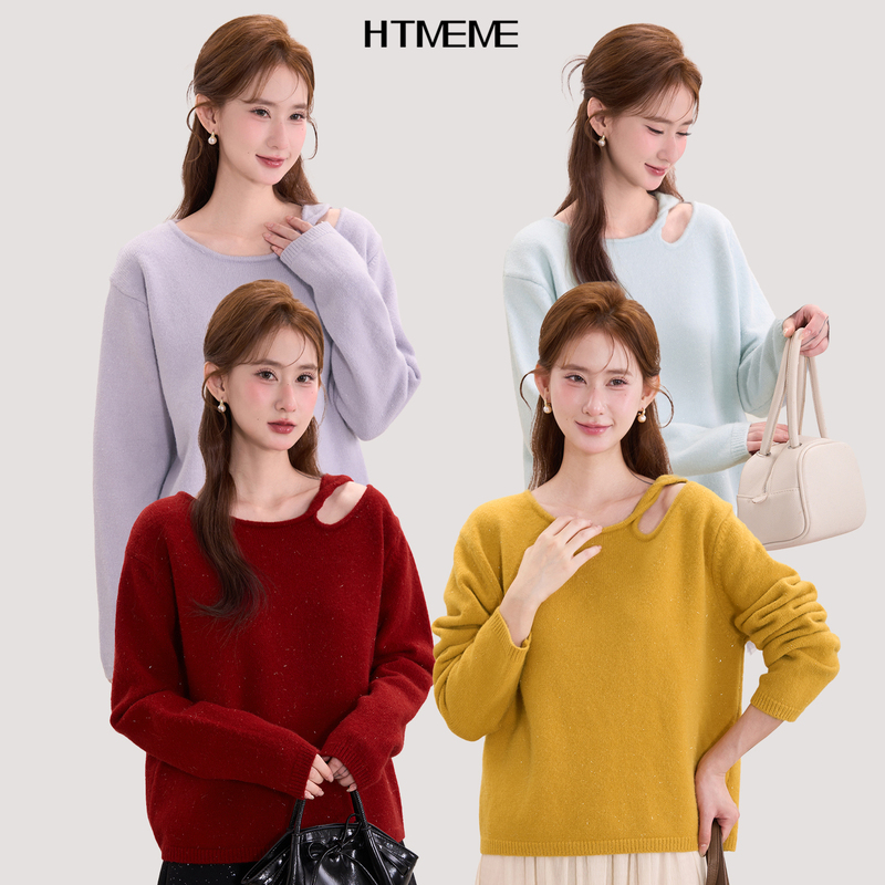 Flower Field Showcase Htmeme Neon Glow~ Twisted Shoulder Cutout Shiny Sweater for Women, Winter Elegant Round Neck Knitted Top