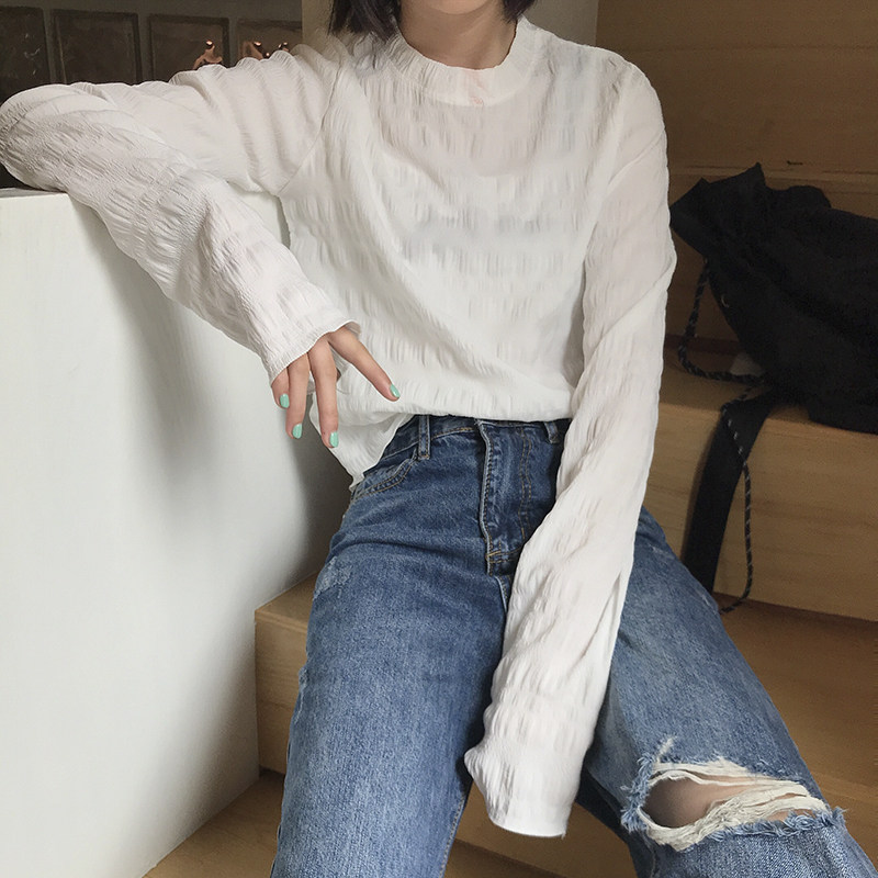 Flower field window white long-sleeved T-shirt women's top summer design sense fried street black inner tie base shirt ins thin section