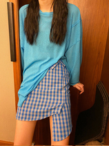 Flower field window irregular plaid skirt female summer A- line dress Korean version of high waist bag hip slim short skirt Hong Kong flavor