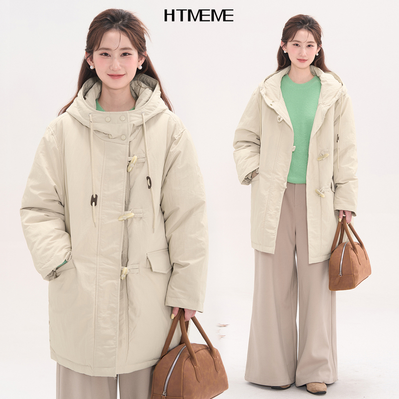 Flower Field Showcase Htmeme Quilted Pattern ~ Pointed Button Hooded down Jacket for Women, Winter Warm Thick Coat