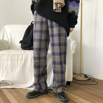 Flower field window Y482 plaid woolen pants children slim Joker new retro high waist loose wide leg straight pants