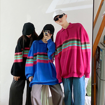 Sweater womens autumn and winter lazy style color color lapel polo knitwear female Korean version of loose color cross-length