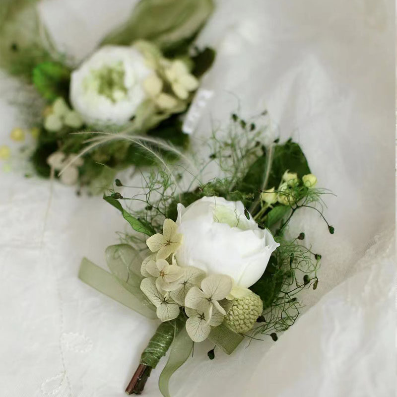 Groom, bride, wedding, wedding, real flower preservation, small fresh, white and green, parents, groomsmen, bridesmaid, corsage, wrist flower
