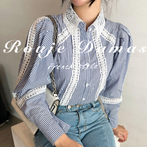 France Rouje Damas Fall Elegant Hollowed-out Lace Design Sensation Splicing Stripe Relaxed Bubble Sleeve Shirt