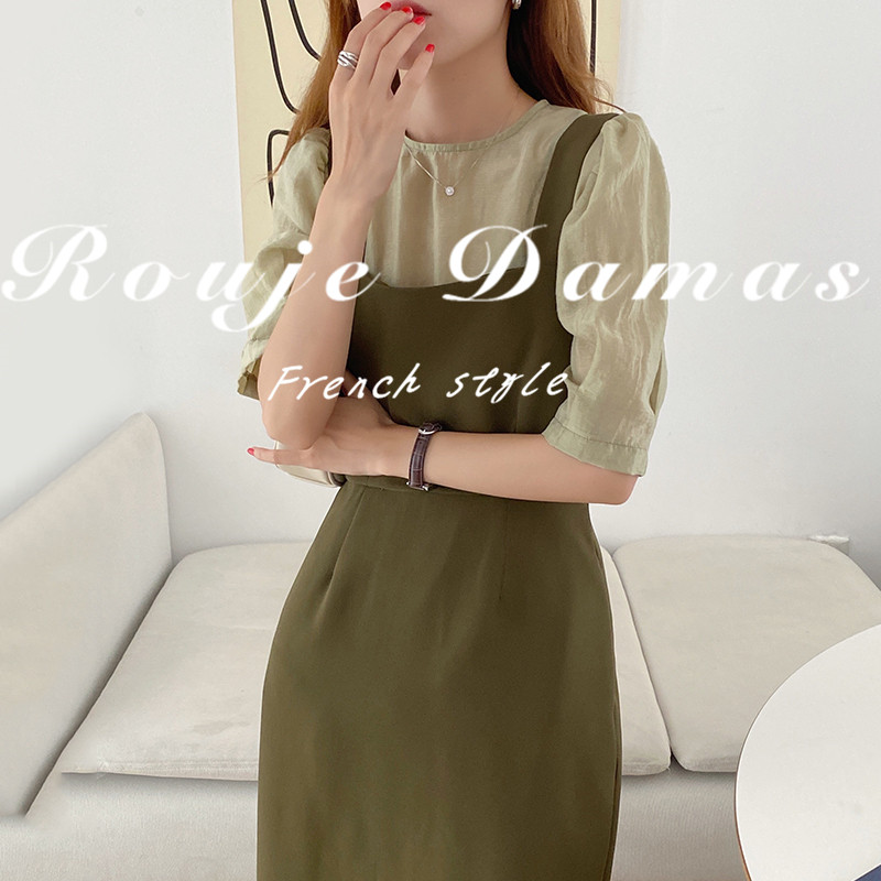 French Rouje Damas summer retro temperament slightly transparent bubble sleeve t shirt square collar waist hug baby bag dress female