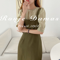 France Rouje Damas summer retro temperament micro-penetrating bubble sleeves shirt side collar collection waist back with dress woman