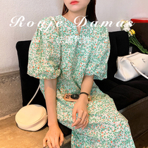 French Rouje Damas Summer small frescoed loose with knee-open fork Blisters Sleeves Crummy Floral Dress dresses Dress