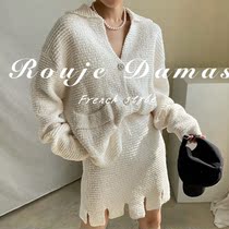 French Rouje Damas temperament Flap Loose Knit Jacket High Waist Irregular half body dress Two sets of women