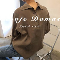 France Rouje Damas autumn retro simple to turn on the back button loose casual long sleeve shirt blouses woman
