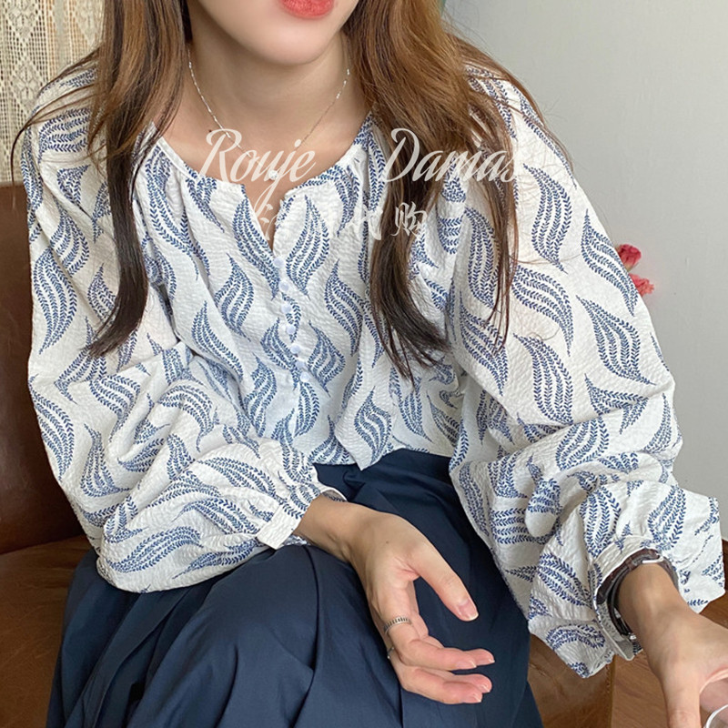 French rouje damas spring/summer sweet floral crew neck loose top casual versatile long sleeve thin shirt woman