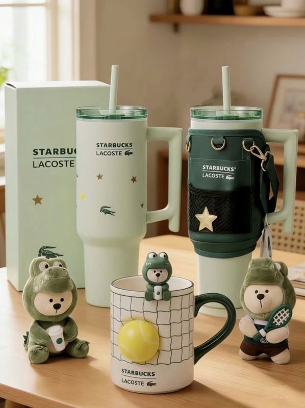 Free Shipping Starbucks 26Lacoste Collaboration Coffee-Themed Sports Stainless Steel Straw Mug with Crocodile Plush Pendant
